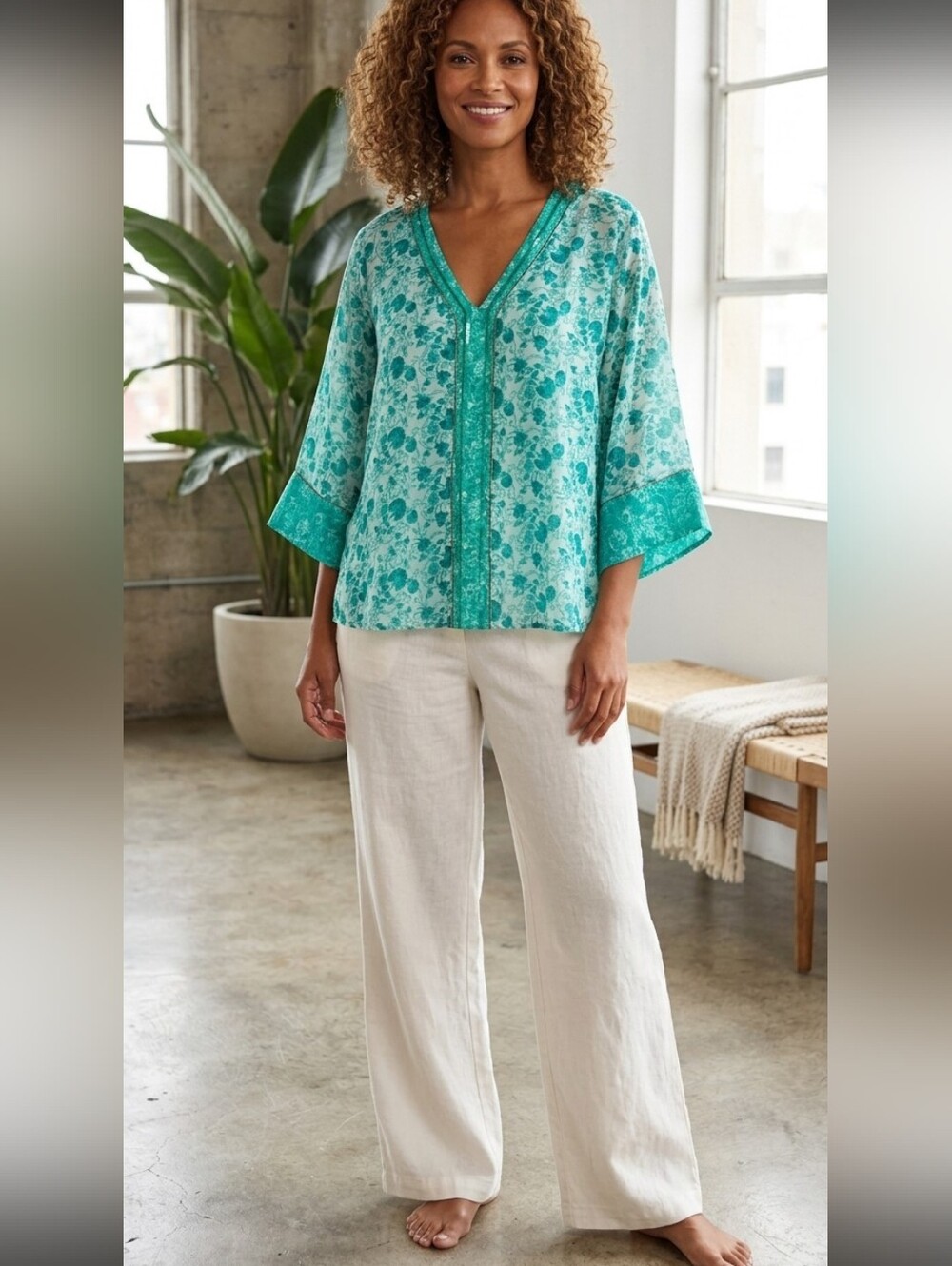 CHICOS Floral Sequin Beaded Blouse Tunic Green Semi-Sheer Wide Sleeves Large